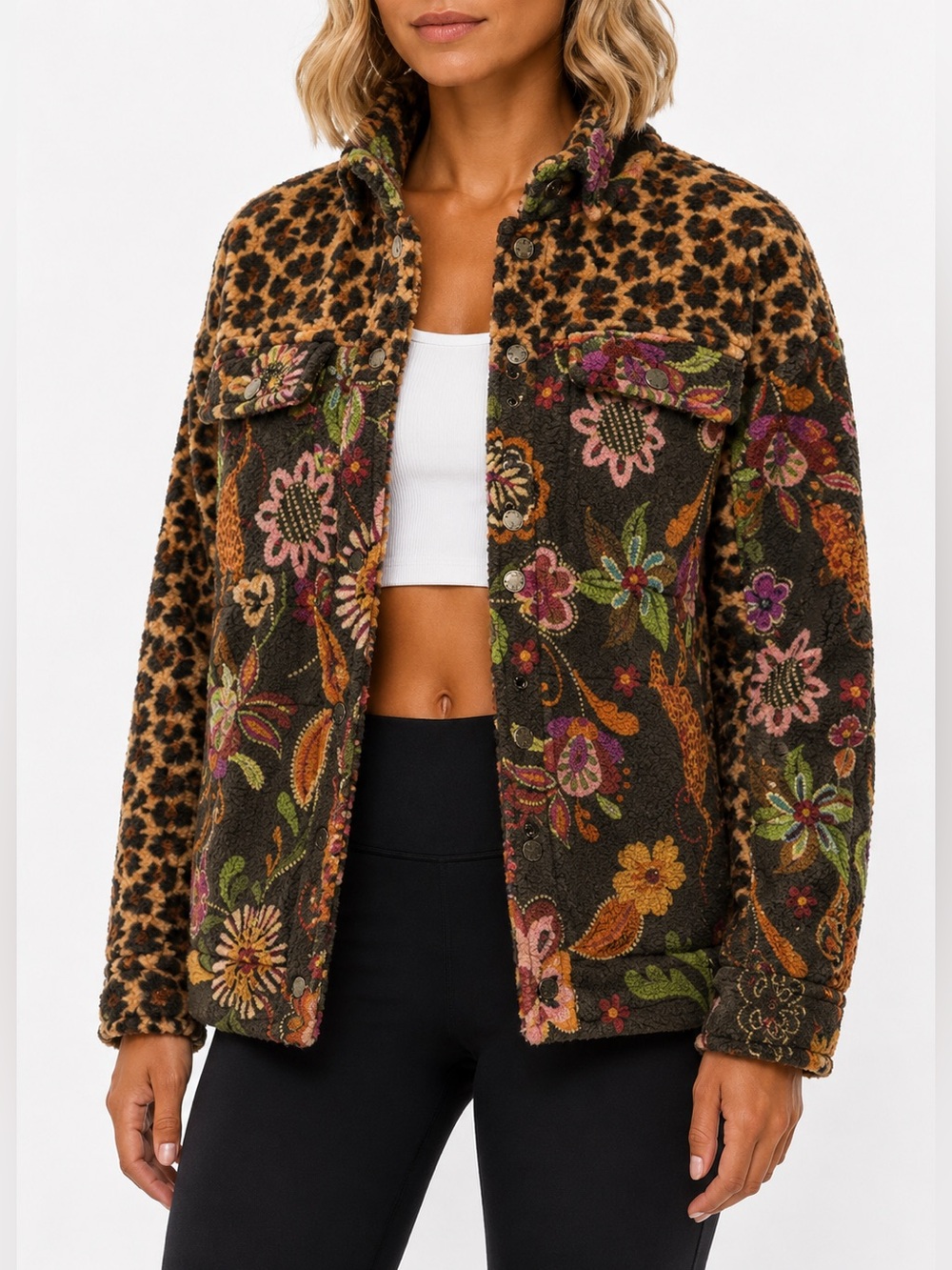 Johnny Was Amelie Sherpa Trucker Jacket  Leopard & Floral Patchwork NEW sz MED
